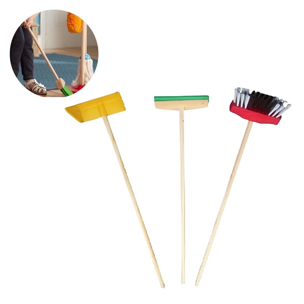 Conjunto Para Crianças De Vassoura Pá e Rodo de Madeira Resistente com Cores Variadas Infantil