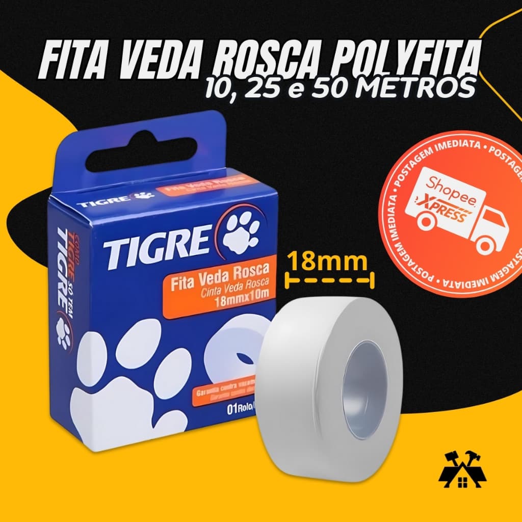 Fita Veda Rosca Tigre Teflon Para Torneira, Chuveiro e Hidráulicas Em Geral 10mt, 25mt ou 50mt Fita