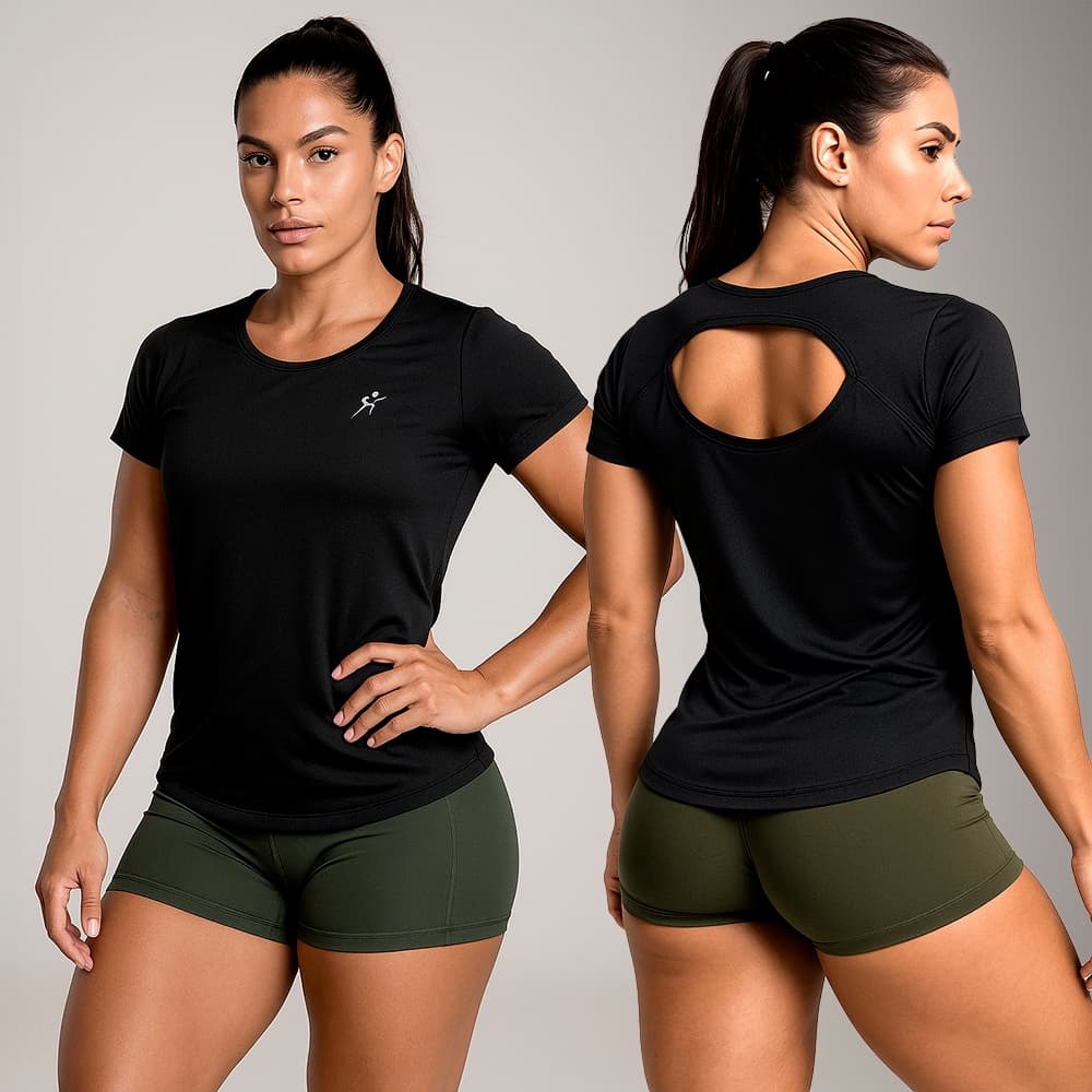 Camiseta Fitness Dryfit Feminina com Abertura nas Costas Poliamida Corrida