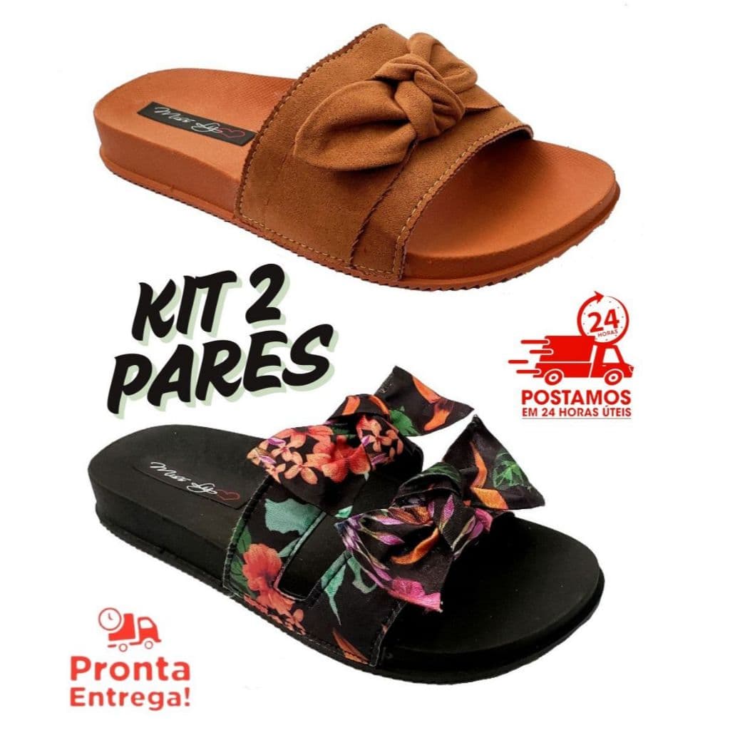 Kit 2 Pares Chinelo Feminino Sandália Slide Dois Laços + Pala UM Laço Feminino