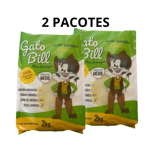 Kit 2 Areia Gato Bill 2kg Grãos Médios Biodegradável | Alta Absorção | Menos Odor
