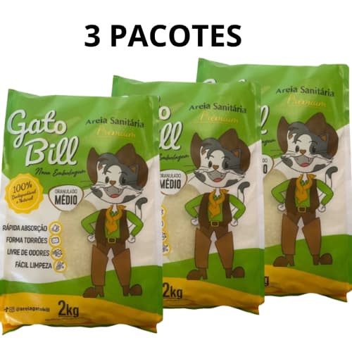 KIT 3 AREIAS HIGIÊNICA PARA GATOS - GATO BILL PREMIUM MILHO E MANDIOCA - 2KG CADA