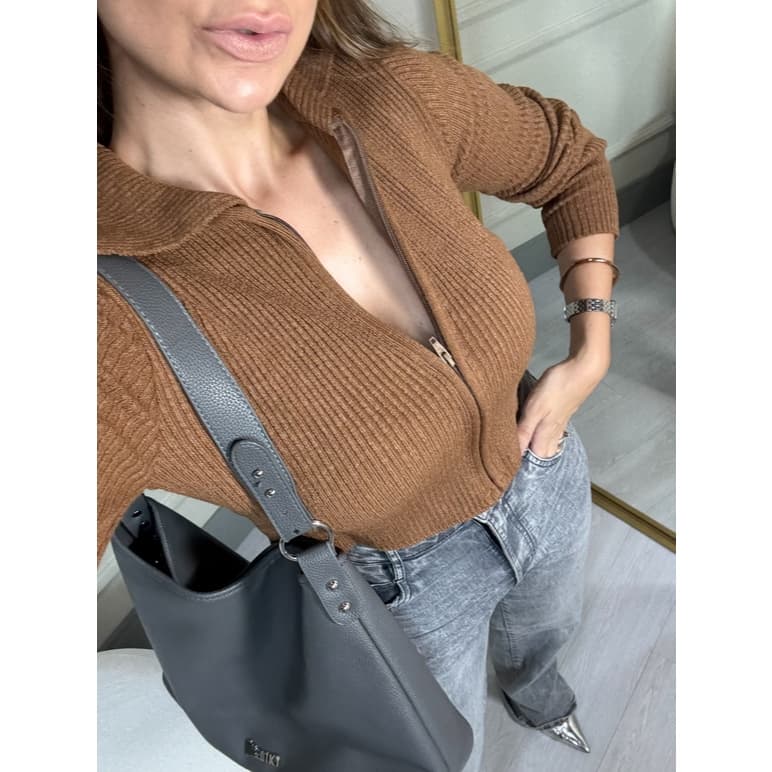 Jaqueta Cardigan Tricot Cropped Canelado Moda Zíper