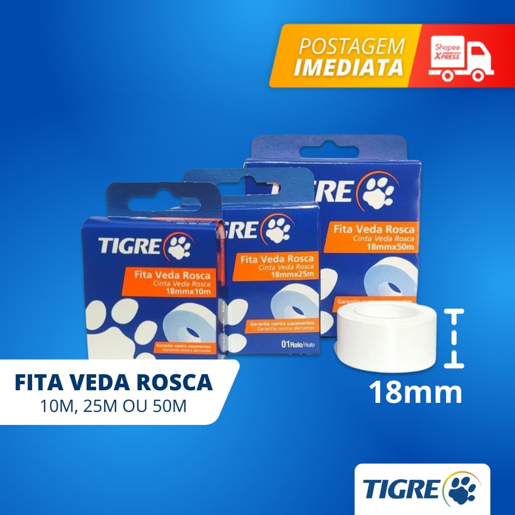 Fita Veda Rosca Tigre Teflon Para Torneira Chuveiro e Hidráulicas Em Geral 10mt, 25mt ou 50mt Branca