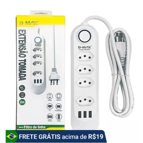 Extensão 4 Tomadas + 3 USB | 2m de Cabo | Bivolt | Botão Power