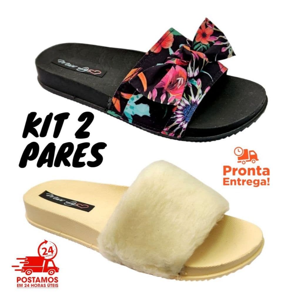 Kit 2 Pares Chinelo Feminino Sandália Slide PELUCIA + PALA UM LAÇO