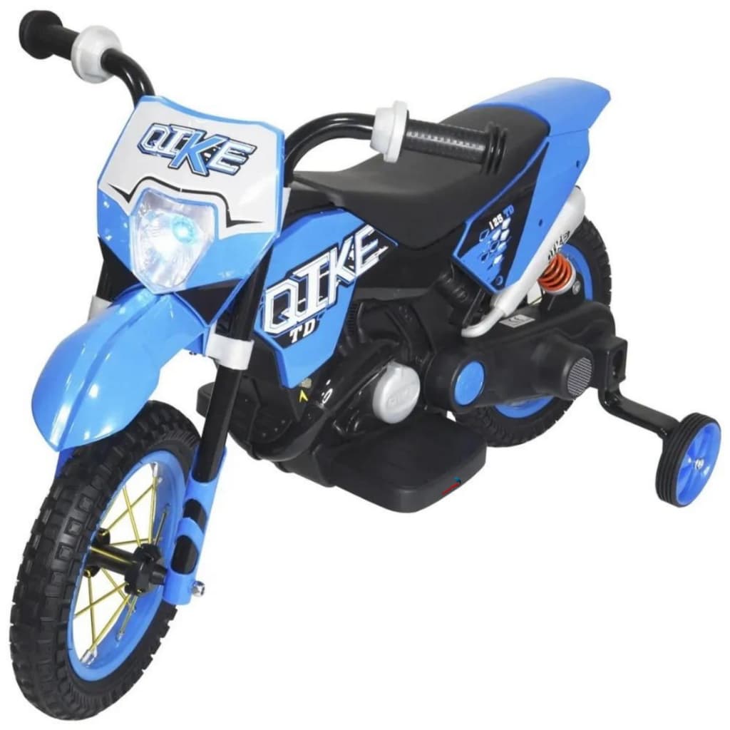 Mini Moto Cross Elétrica Infantil 6v Azul Possui Sistema de Som Bateria Recarregável de 6V C/ Rodinhas de Apoio