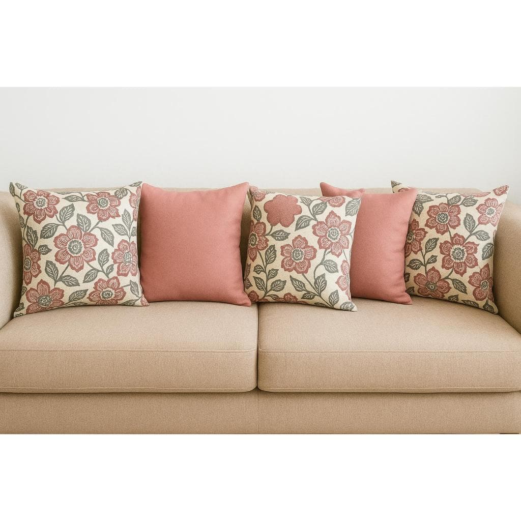 KIT 5 CAPAS DE ALMOFADA – ESTAMPA FLORAL ROSÊ– 3 ESTAMPADAS E 2 LISAS DE SUEDE 45X45CM