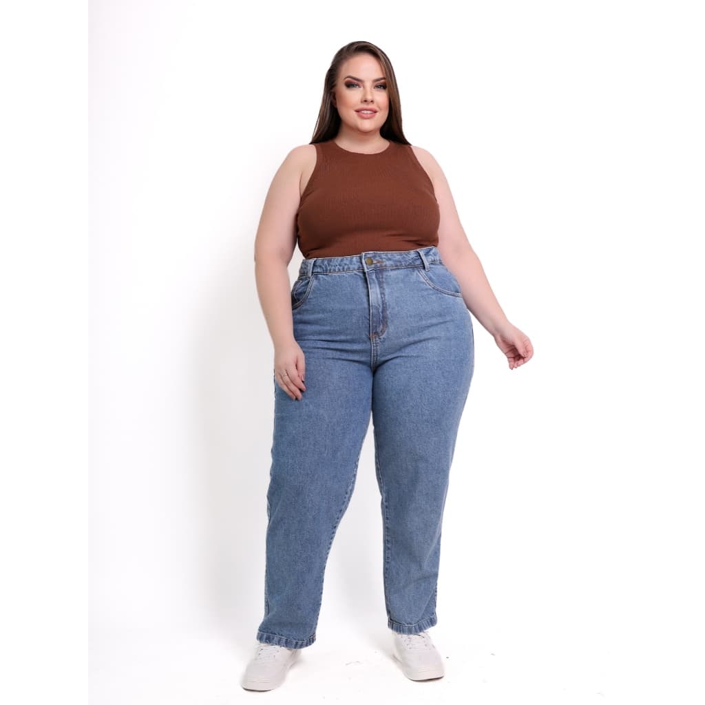 INFINITO MODA Calça Jeans Mom Básica Plus Size Cintura Alta Casual