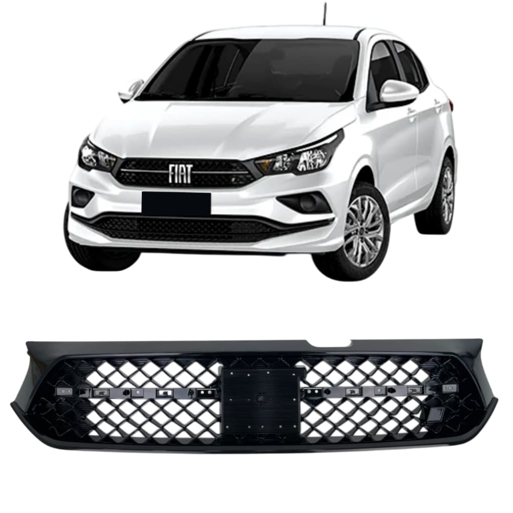 GRADE FRONTAL DIANTEIRO FIAT CRONOS 2020 2021 2022 PRETA BRILHANTE EMBLEMA QUADRADO
