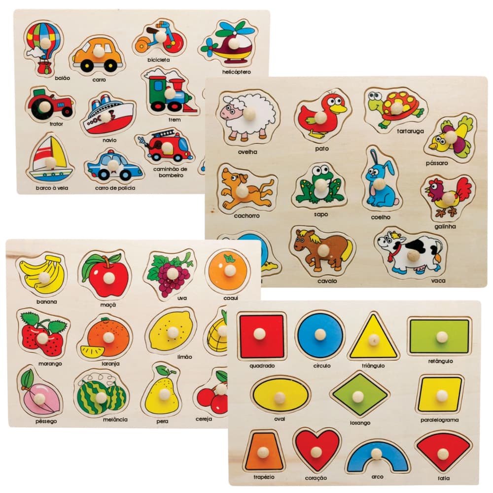 Tabuleiros Quebra Cabeça C/ Pinos Animais Frutas Transporte Letras Geométricas Educativo TOYMIX