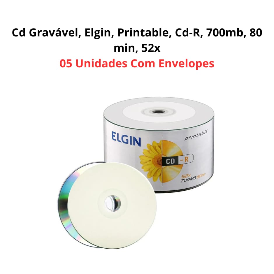 Cd Gravável, Elgin, Printable, Cd-R, 700mb, 80 min, 52x - 5 Unidades Com Envelopes