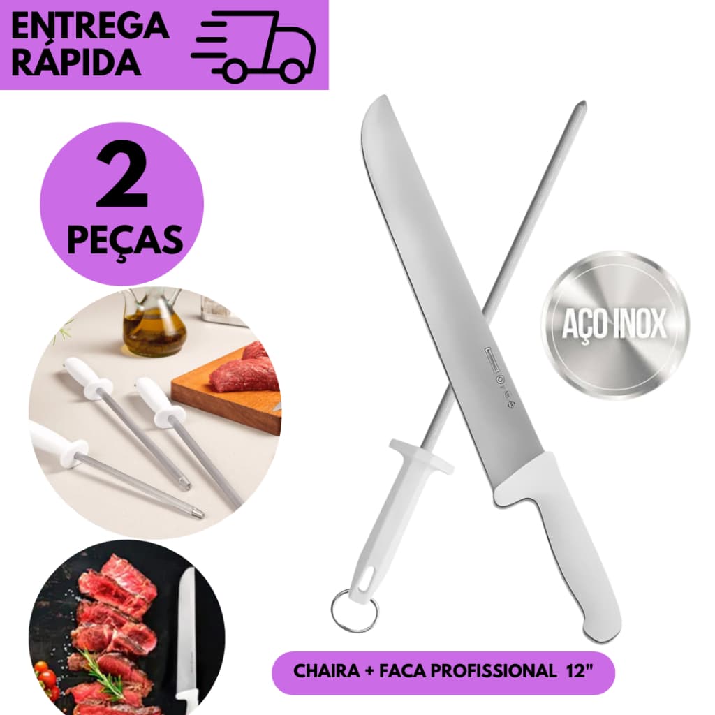 Kits Faca do Chef 10” + Chaira 10”, Faca ou Chaira Profissional Inox Cabo Branco Cozinha Açougue
