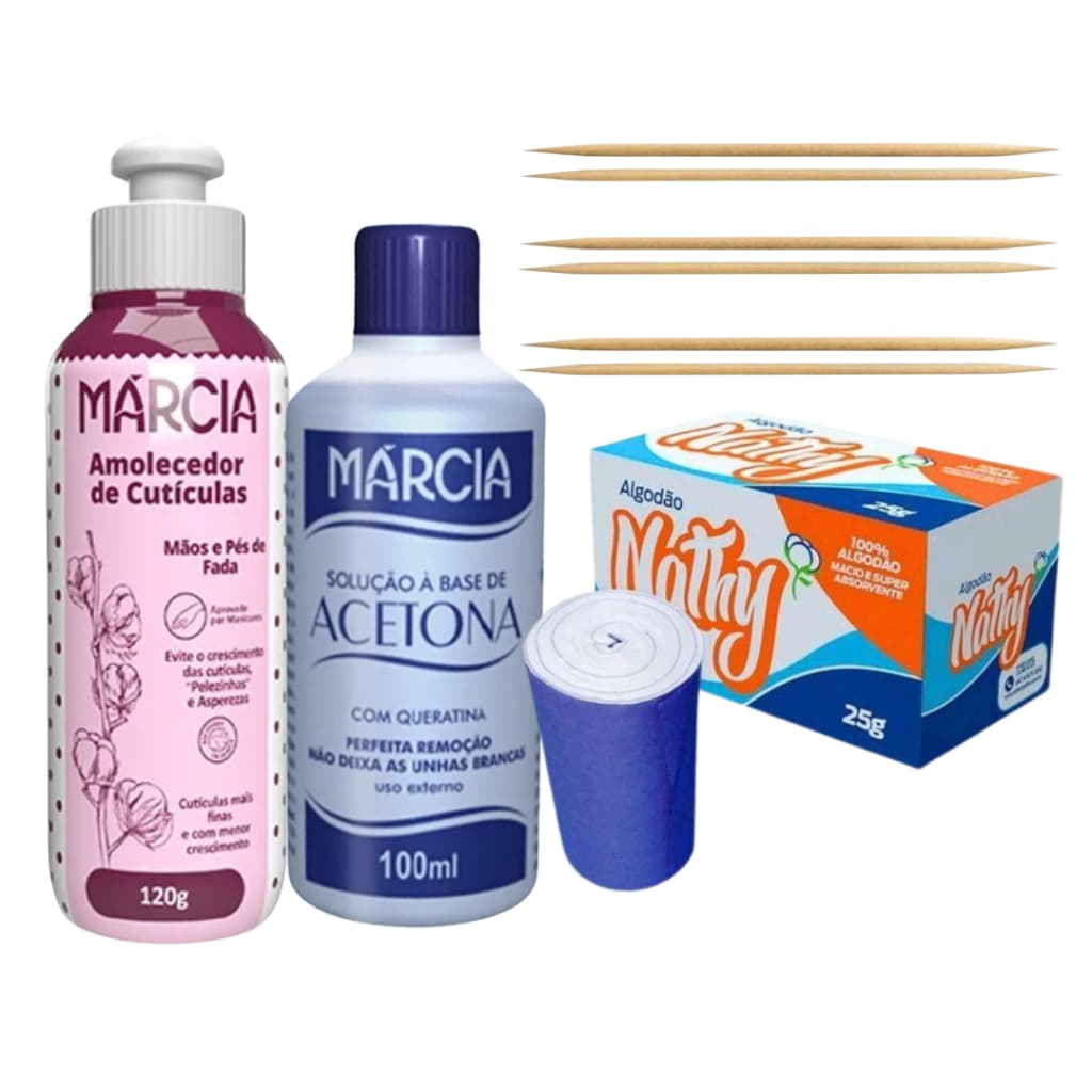 Kit De Unha Acetona + Algodão + 6 Palitos + Amolecedor De Cutículas Manicure Pedicure