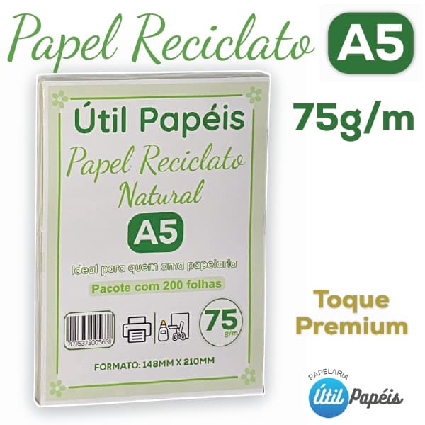 Papel Reciclado 75g A5 Pacote com 200 Folhas - Eco 148x210mm Sulfite Premium / Jato de tinta e Laser