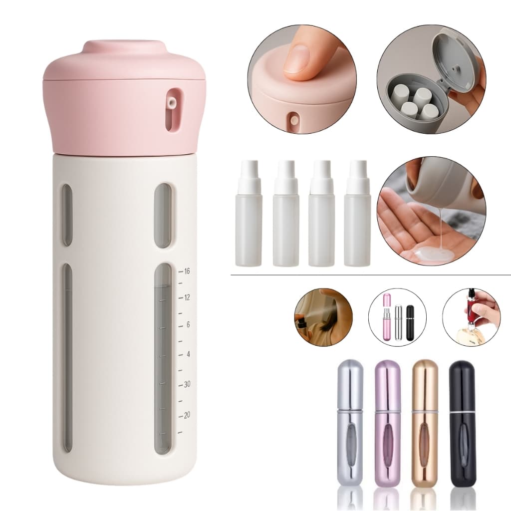 Kit Para Viagem Porta Shampoo Creme 4 Em 1 Dispenser + Frasco De Perfume De Alumínio Com Bomba Automática Portátil