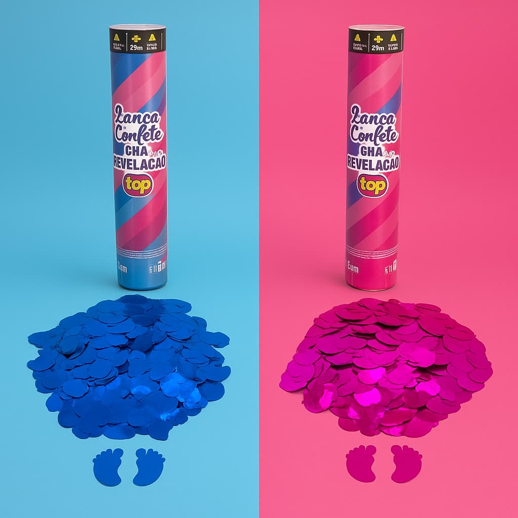 Kit 2 Lança Confetes Chá Revelação Pezinho Bebe Rosa Azul Menina Menino Festas Gestante Eventos