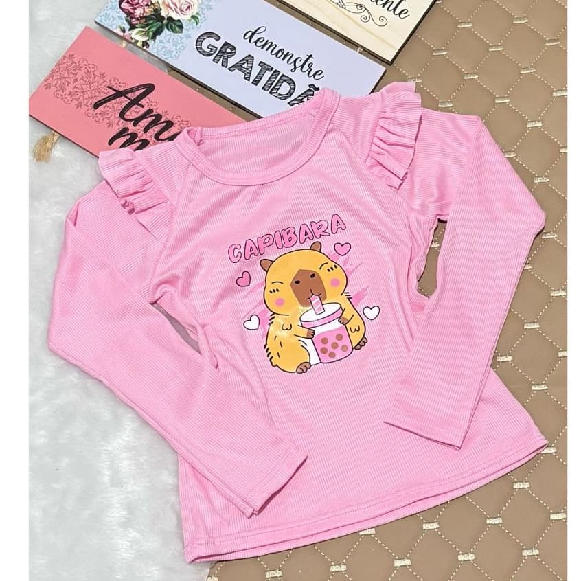 Blusa infantil CAPIVARA  manga longa com babado  outono inverno   Blusinha infantil inverno menina  Moda