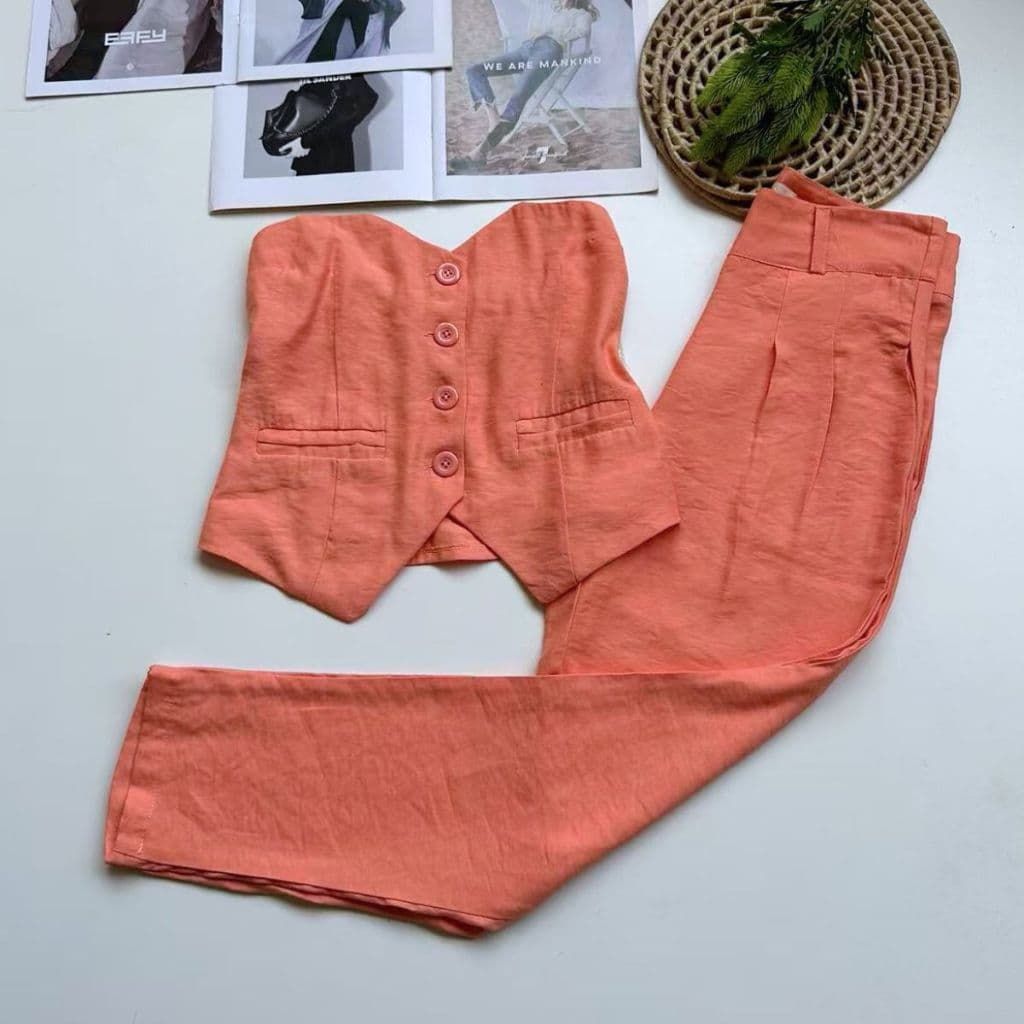 Conjunto feminino de marrant top tubinho com Botões com Calça reta | Design elástico nas costas Simples elegante