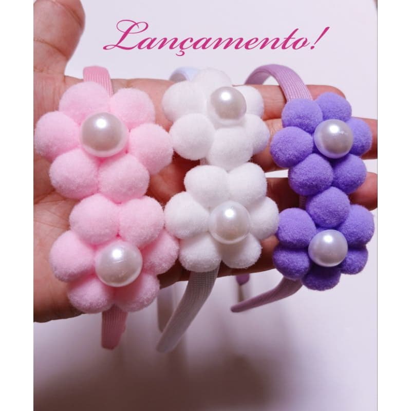 kit 3 Tiaras Natalinas  Com Flores de Pompom e Meia Pérola Kit 3  Arquinho Natal Unidades Acessório de Cabelo Infantil
