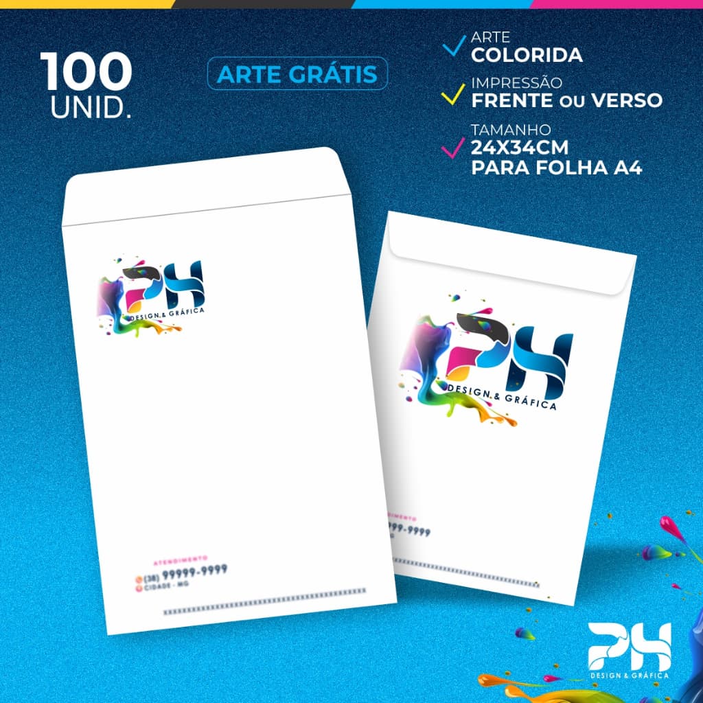 100 Envelopes Brancos Personalizados A4 - Arte Grátis - Com sua Logomarca colorida