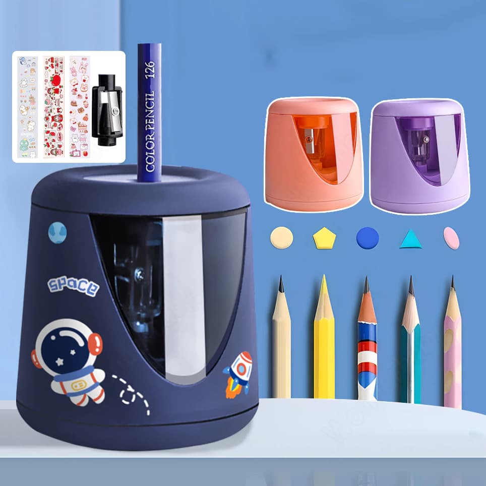Afiador Elétrico Lápis Recarregável de 6-12mm + Adesivos de desenhos animados para estudantes artistas em casa escola