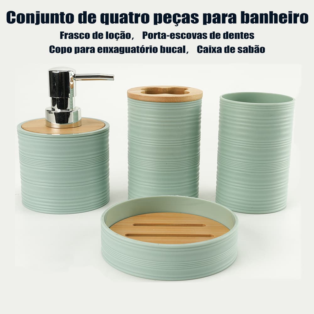 Kit Banheiro 4 Peças com Saboneteira, Porta Escova, Copo e Frasco Loção - Conjunto Higiene Moderno Lavabo