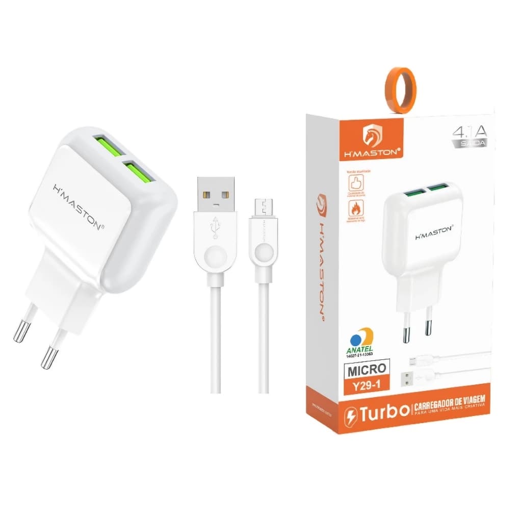 Carregador tipo Micro USB Turbo Y29-1 Rápido Portátil 2 USB e Com Proteção Eletrostática H'maston