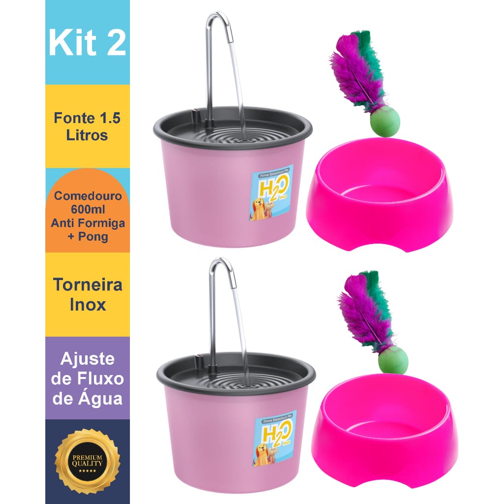 Kit Completo para Gatos H2O Plus com 2 Fontes de Água, Comedouro Extra e Brinquedo Pong