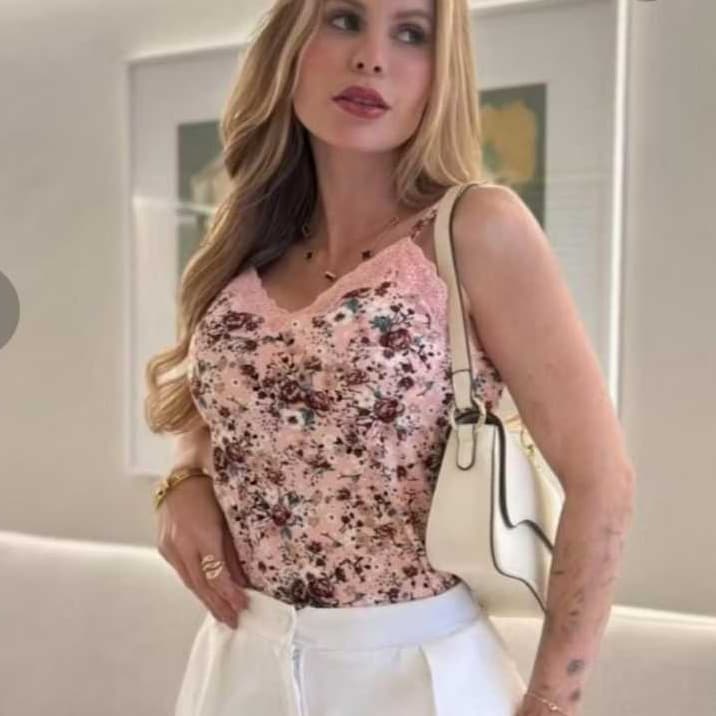Blusa Feminina Floral Regata GG Renda Casual Moda Alças Reguláveis Alcinha Blusinha Casual