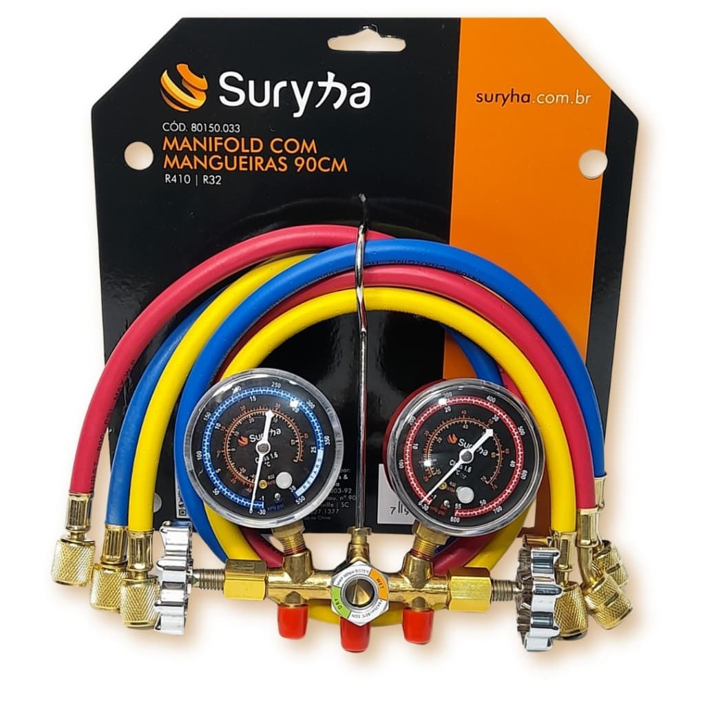 CONJUNTO MANIFOLD R410 E R32 COM MANGUEIRA 90CM SURYHA CODIGO 80150.033