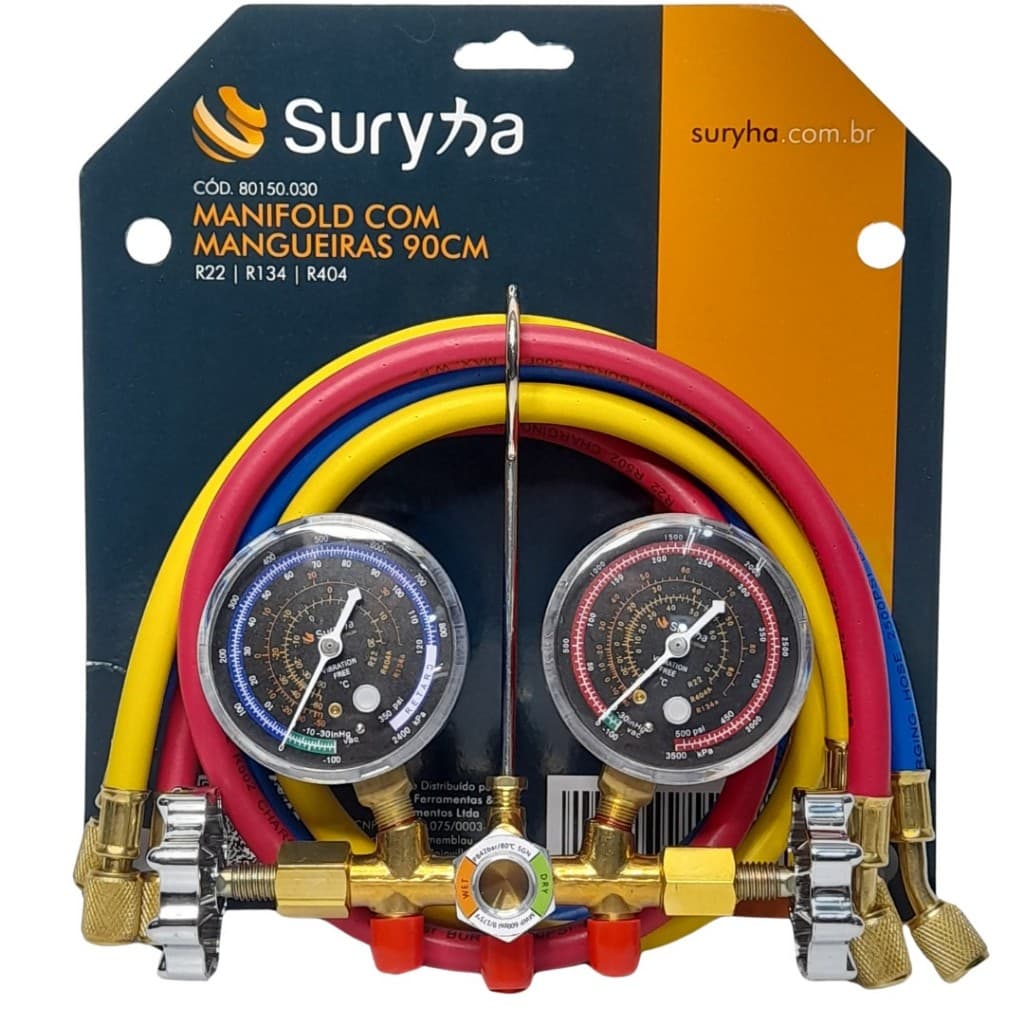 CONJUNTO MANIFOLD R22, R134 E R404 COM MANGUEIRA 90CM SURYHA - CÓDIGO 80150.030 CONEXÃO 1/4" e 5/16"