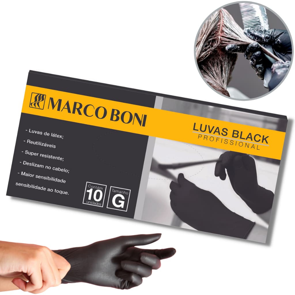 Luva Preta Marco Boni Látex Reutilizável Resistente Profissional Estética P M G Caixa 10 Unidades