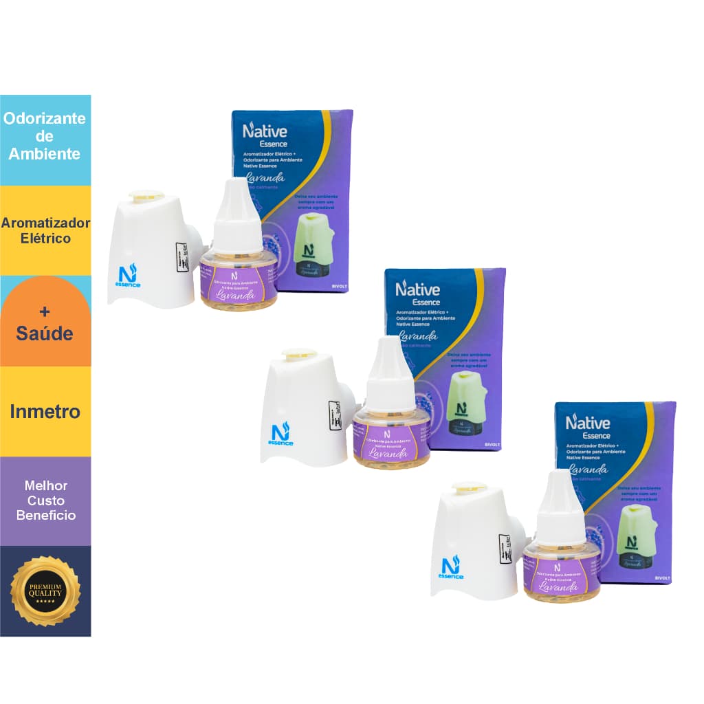 Kit 3 Difusores Aromatizadores com Inmetro + 3 Refis de 20ml Essência de Lavanda - Native Essence