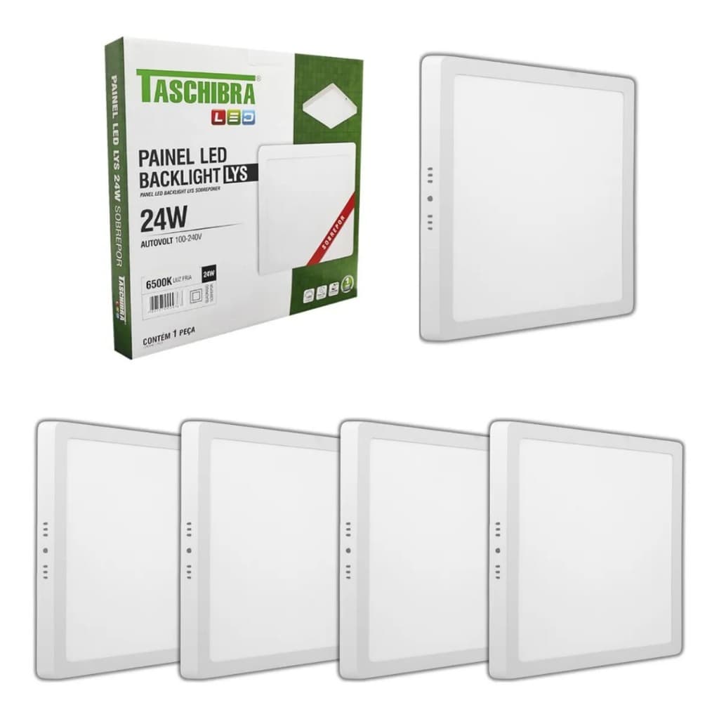 Kit 5 Painel De Led 24w Sobrepor Quadrado Luminária Teto Sala Quarto Cozinha Bivolt Taschibra