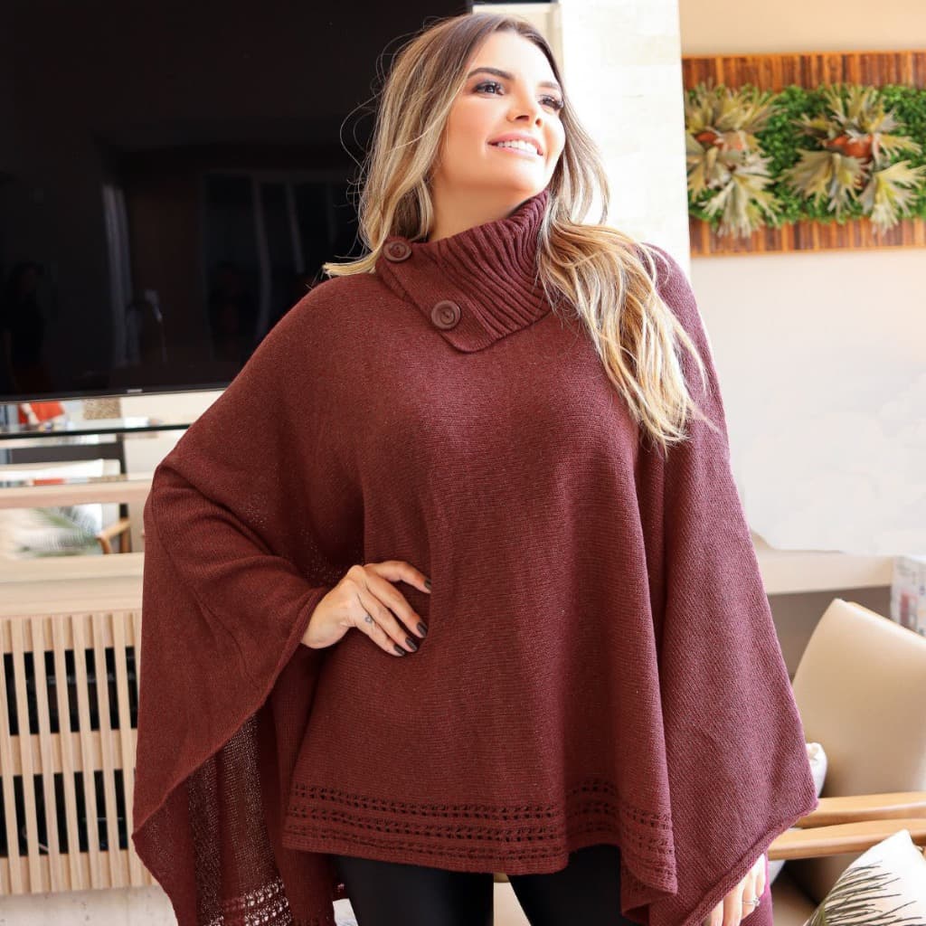 Poncho Feminino Boho Tricot Mousse Liso Gola Alta Casaco Lã Inverno Fro