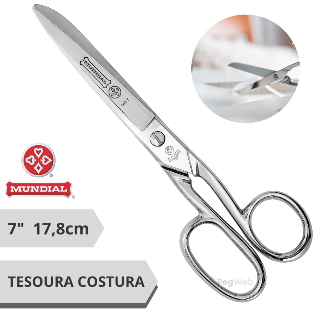 Tesoura Para Corte e Costura Artesanato Linha Forjada De Aço Niquelado 17cm Mundial 445-7 Original