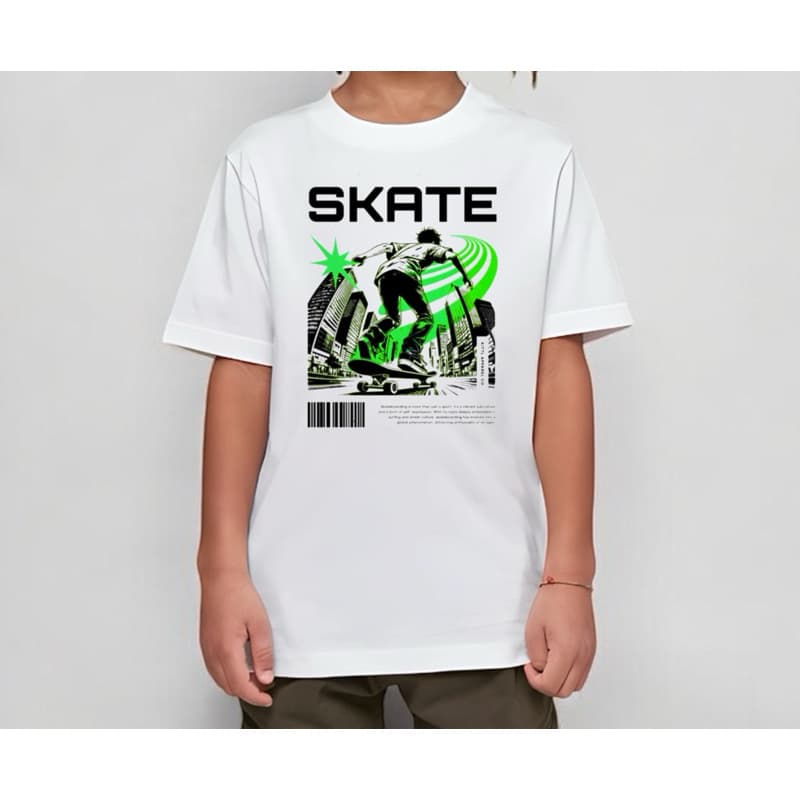 Camiseta Infantil Branca Skate estampa neon 100% algodão