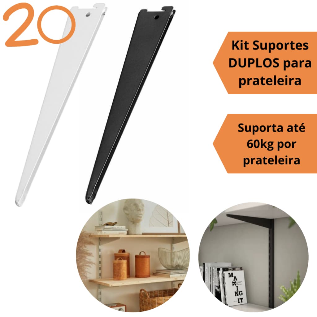 Kit 20 Suportes Prateleira Duplos para Trilho Cremalheira Mão Francesa Resistente 60kg 27cm 37cm