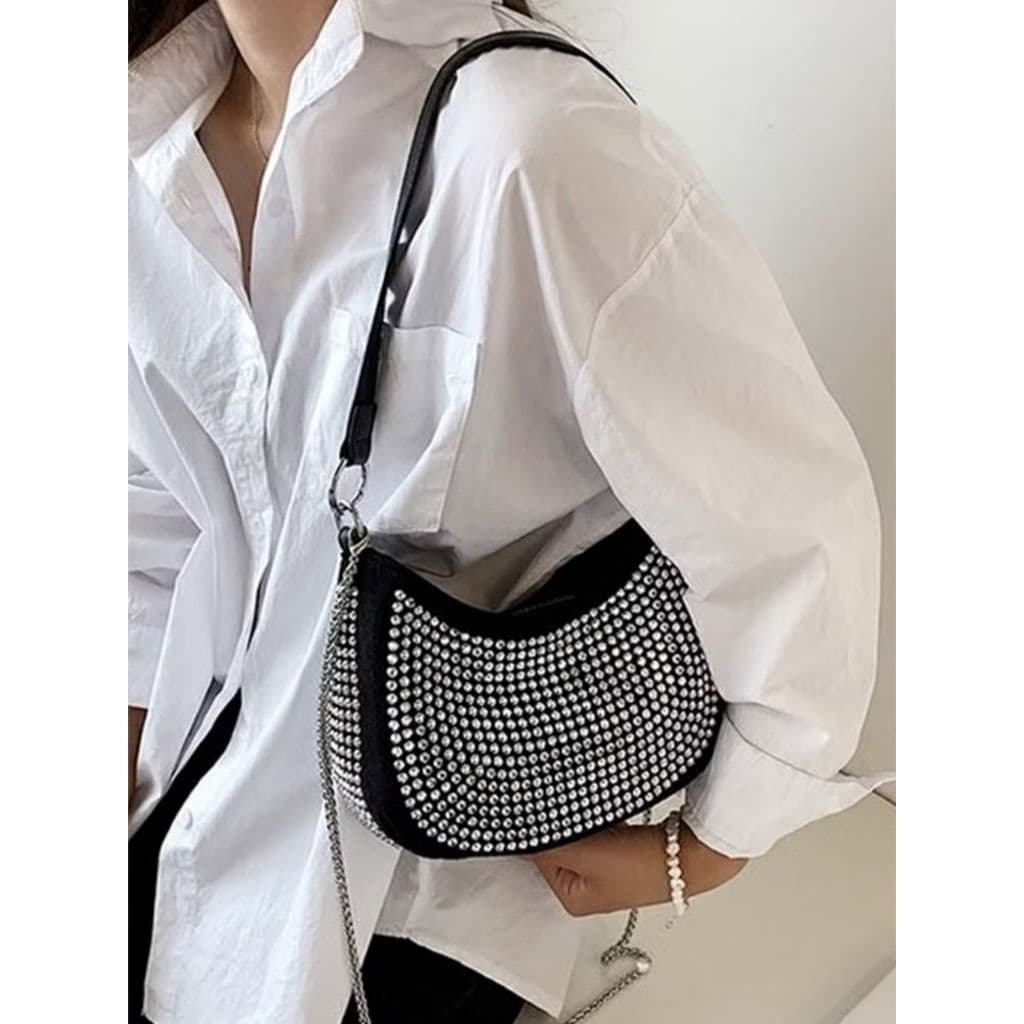 Bolsa baguette meia lua com brilho de festa strass cravejado feminina tiracolo de ombro alça corrente cade#3026-1(xy004)
