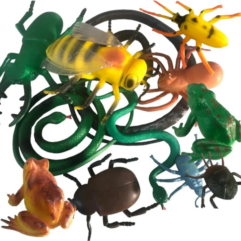 Kit completo Brinquedo Infantil 12 Animais Insetos Cobra Abelha Sapo Aranha Besouro