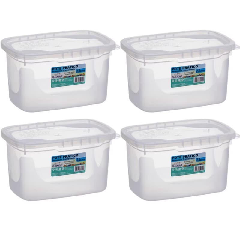 Kit com 4 Potes Plásticos Herméticos Transparente com Tampa – 2,2 Litros Marmitas Reutilizável