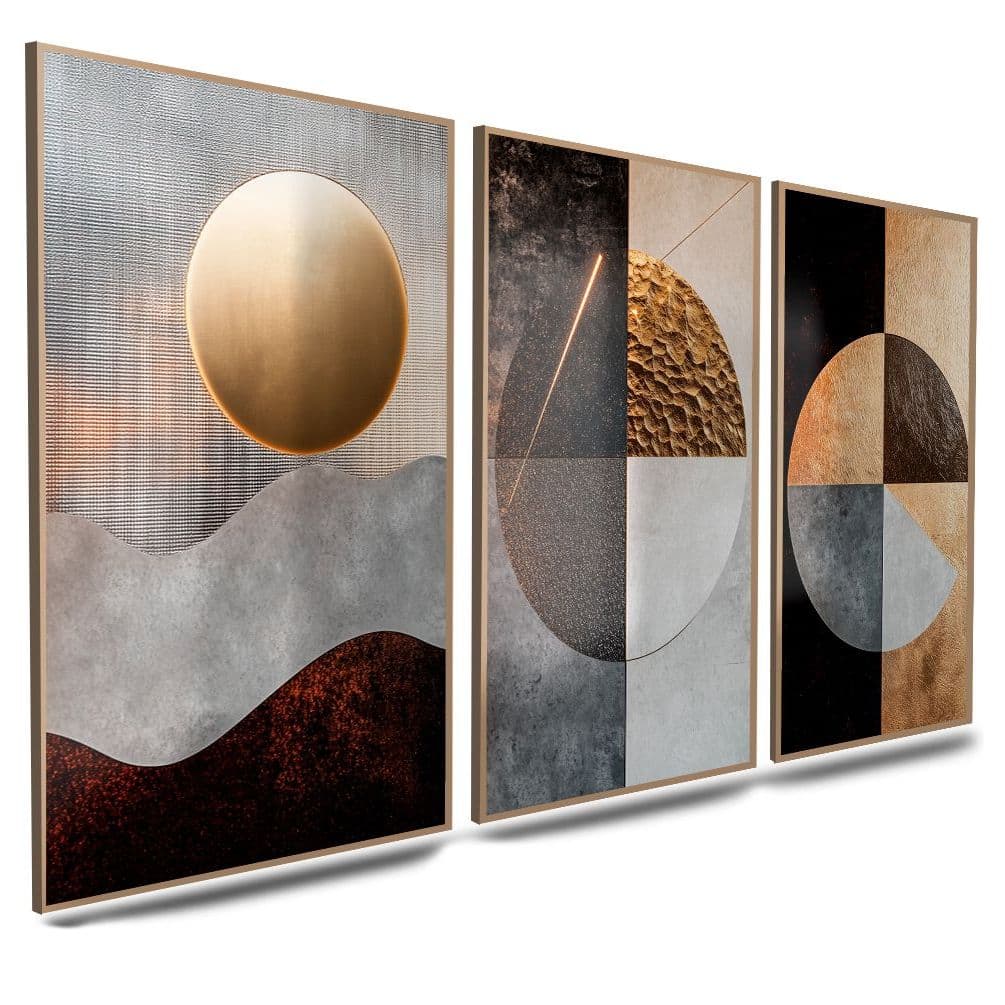 Quadro Decorativo Paisagens Geométricas Abstrato em Tons de Bronze, Concreto e Ouro