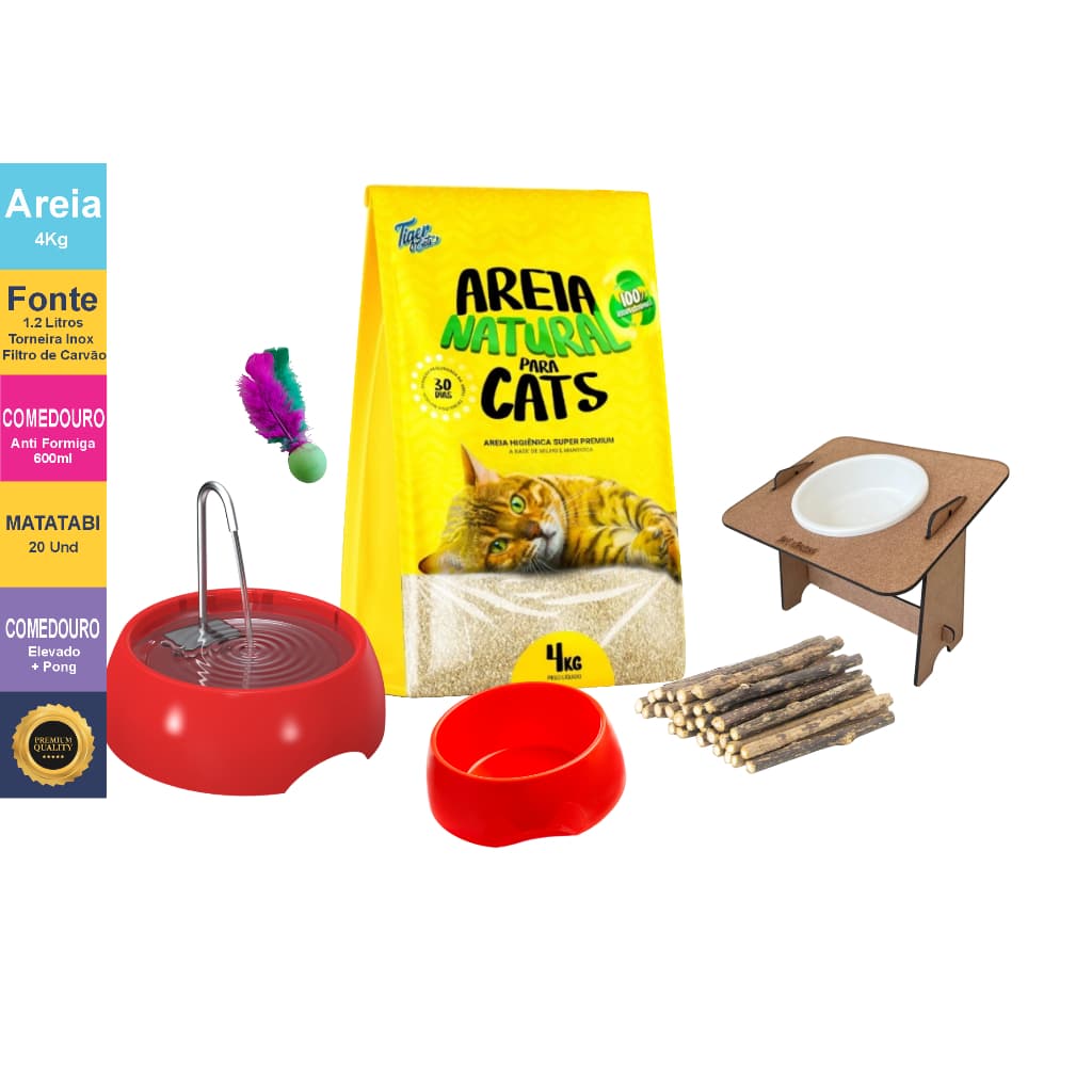 Kit Gato com 6 Produtos Bebedouro + Comedouro + Comedouro Elevado+ Areia 4k+ Matatabi Pong com Penas