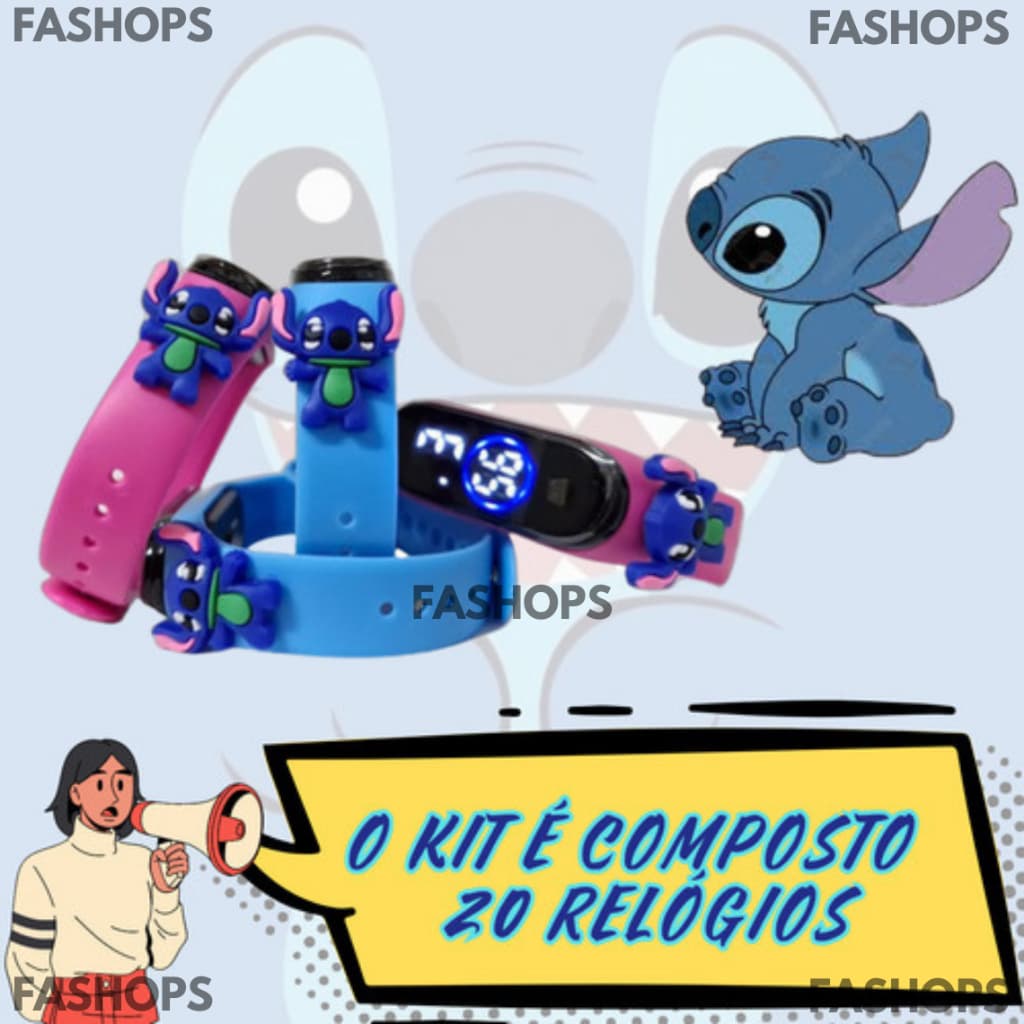 Kit 20 Relógio Digital Led Infantil Prova D'água Stitch Azul Rosa Criança Menina Menino Personagens