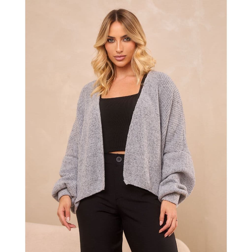 Casaco Curto Feminino de Tricot Mousse Clássico Manga Longa Bufante Confortável Casaqueto Inverno