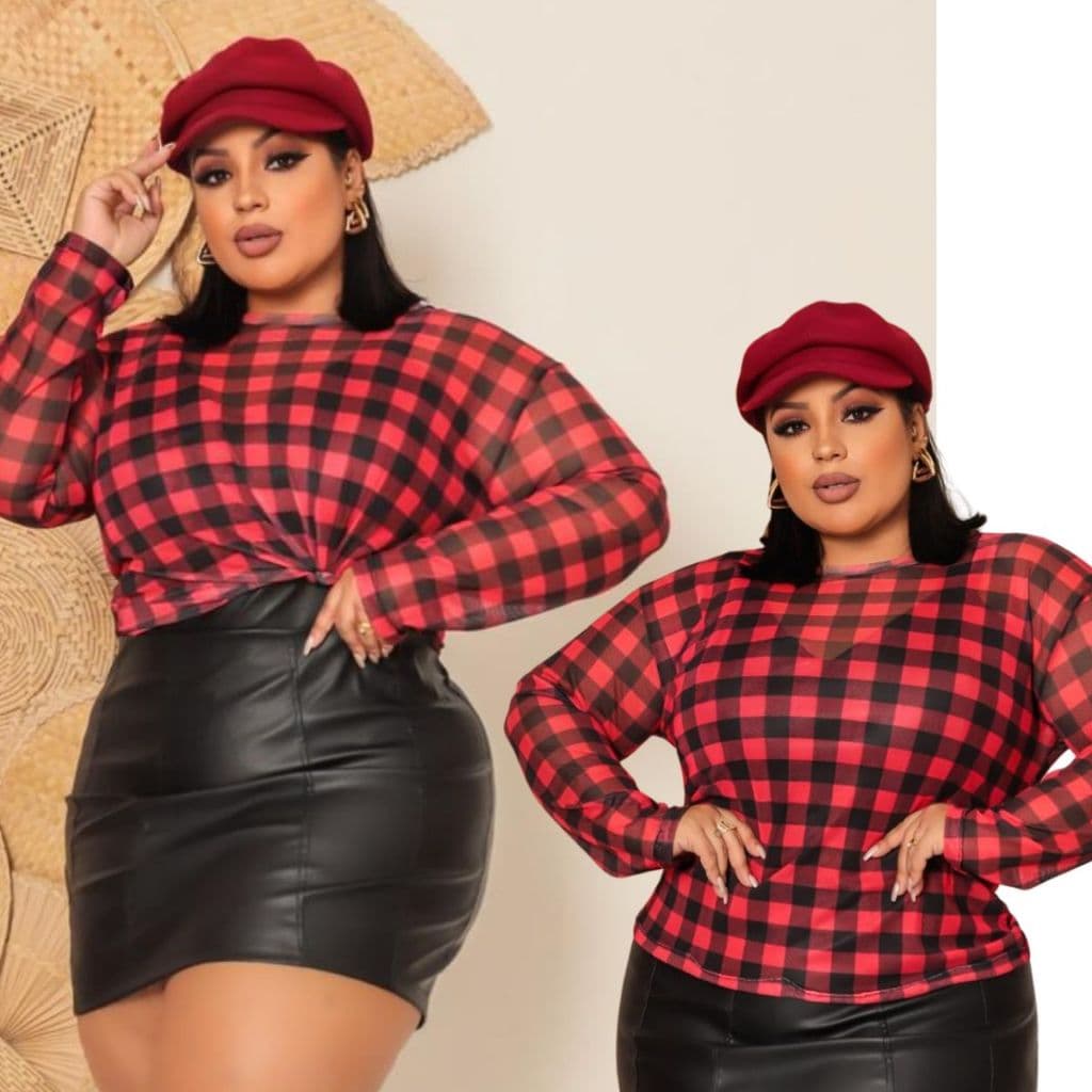 Blusa Feminina Xadrez Plus Size Tule Transparente Estilosa para Festa Junina Moda Look Plus G1 G2