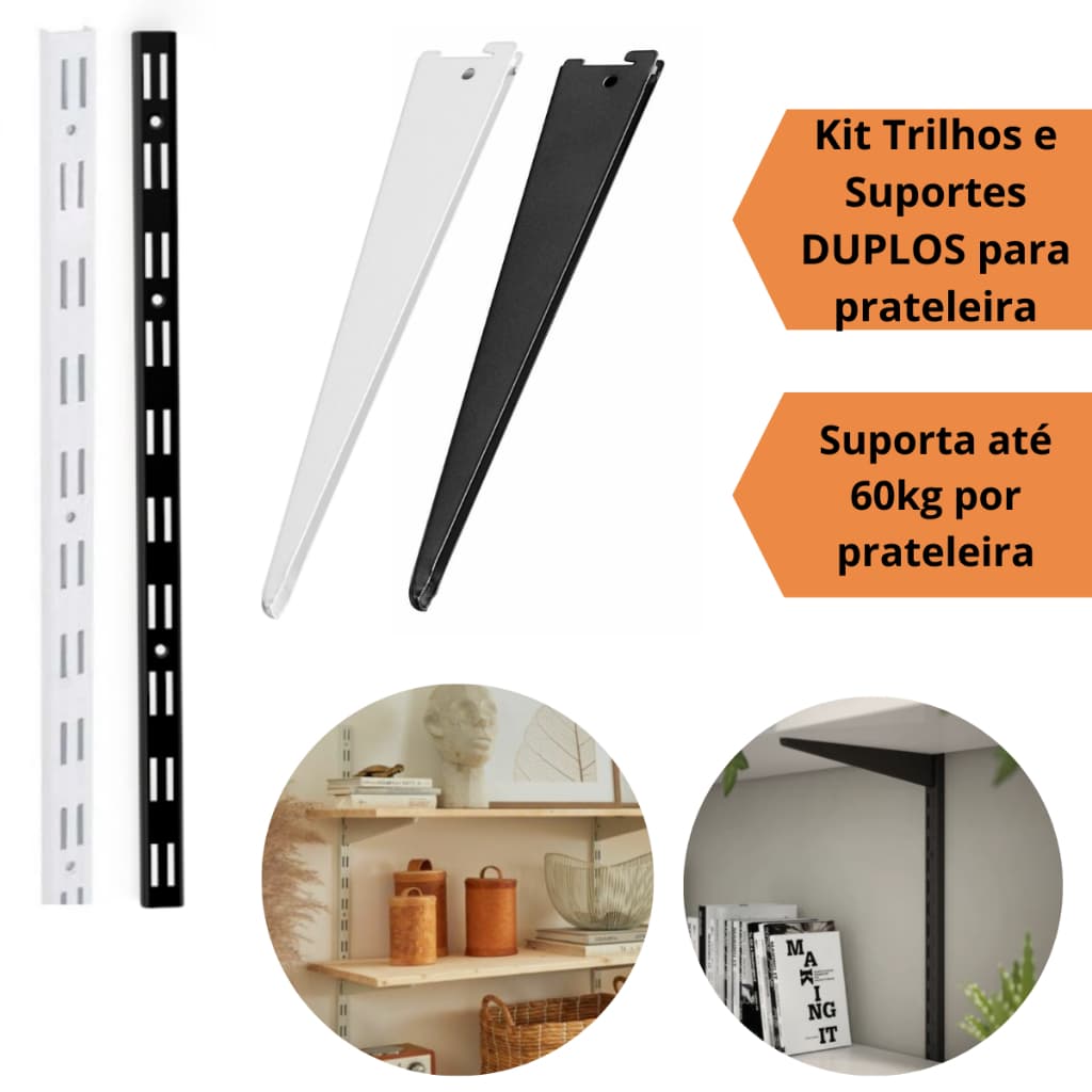 Kit Prateleira Parede 4 Trilhos 100cm e 12 Suportes Duplos Estante Cremalheira Ferro 30cm 40cm e 50cm