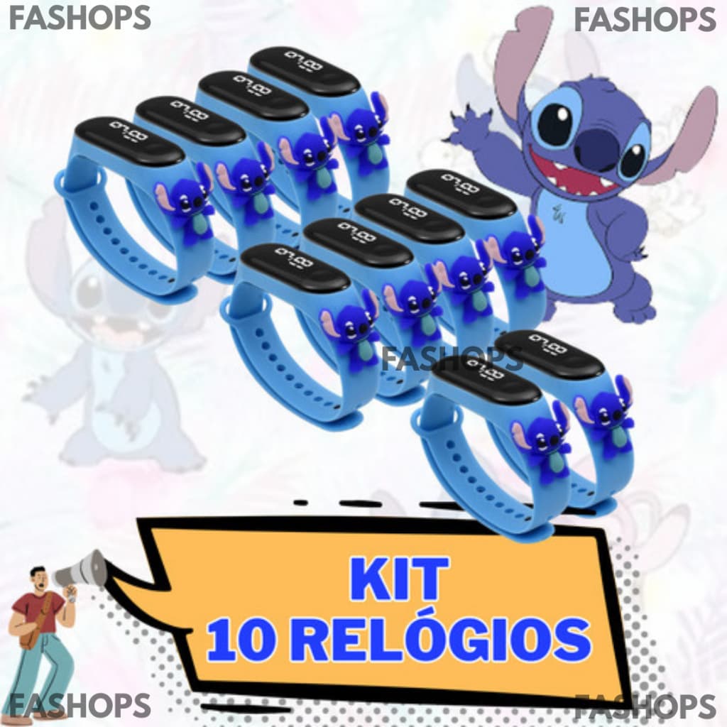 Kit 10 Relógio Digital Led Infantil Prova D'água Stitch Azul Rosa Criança Menina Menino Personagens