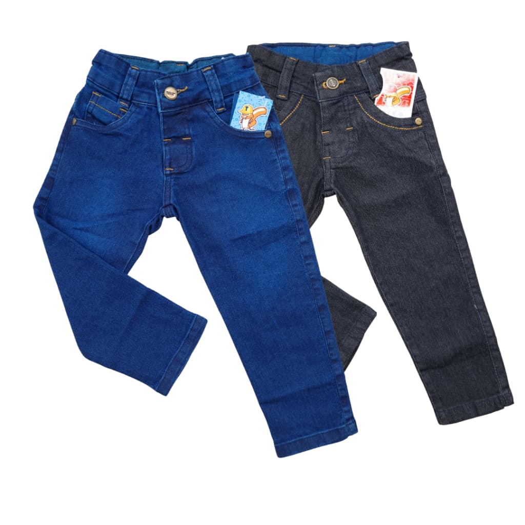 Calça lisa Jeans Infantil Masculina Slim com Lycra e Regulador Tamanhos 2 a 14 anos